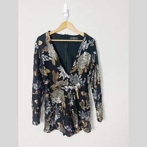 Missguided Black Sequin Floral Wrap Romper with Gold & Silver Accents